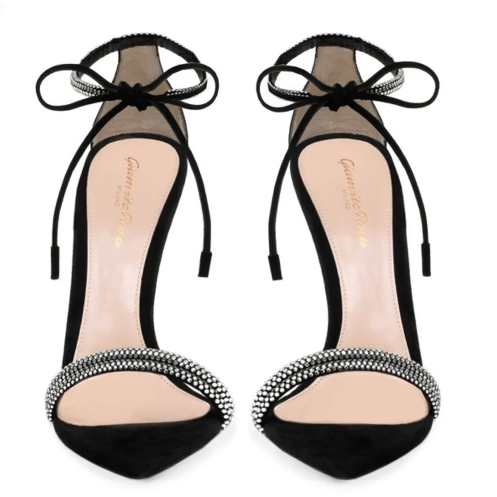 Gianvito Rossi Montecarlo Black Suede & Crystal Stiletto Heel Ankle-tie …